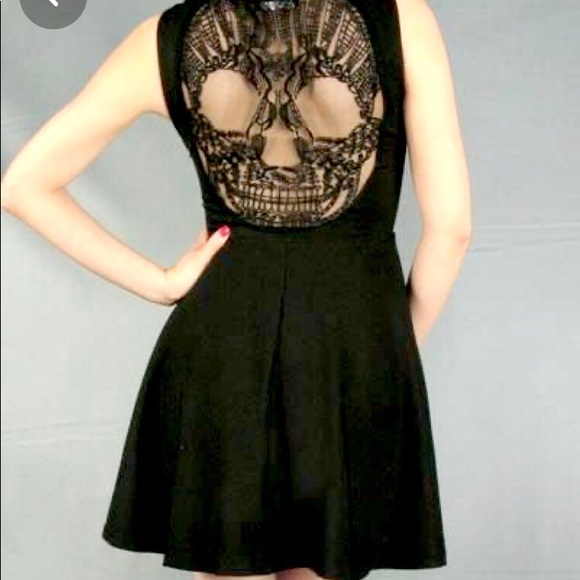 Skull Black Lace Stretch Dress Goth Halloween 6/7 - Picture 4 of 8
